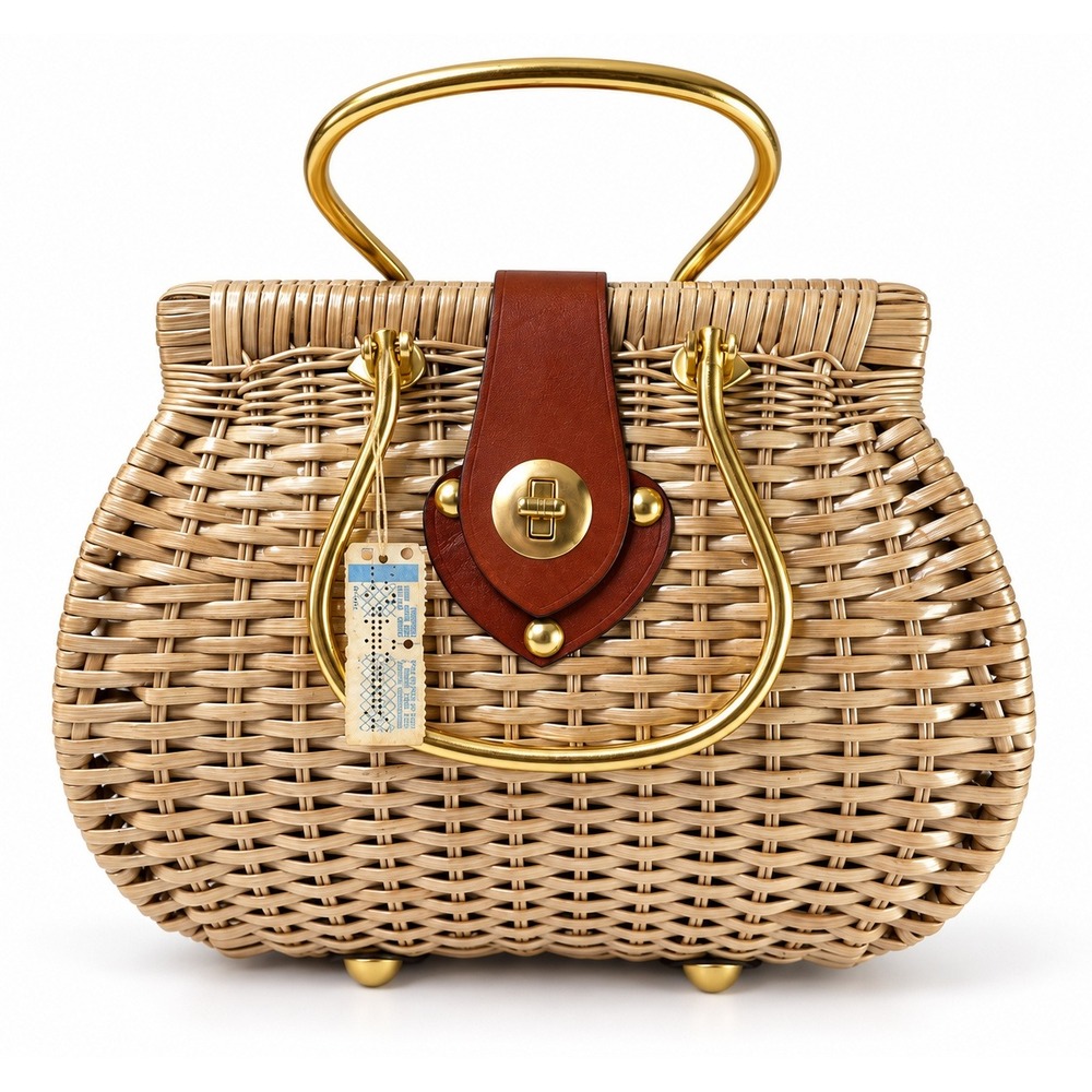 Vintage Gabrielle Gimbels Woven Basket Handbag Top Handle Gold Tone